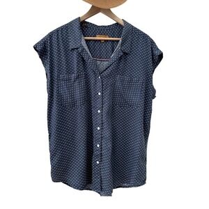 Jachs Girlfriend Button Down Shirt L Navy Blue Polka‎ Dot Tencel Cap Sleeve